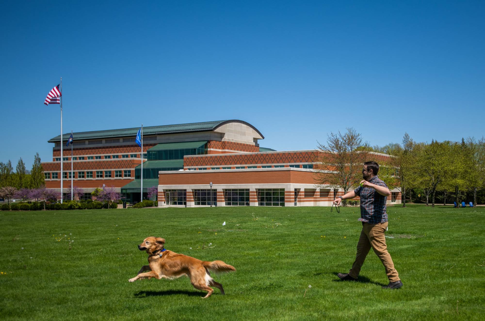 Nick throws a ball with his dog Louie on campus